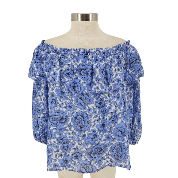 Ann Taylor Tops - Ann Taylor Shirt Blue Floral Ruffle Off Shoulder Long Sleeve Top Petite PS